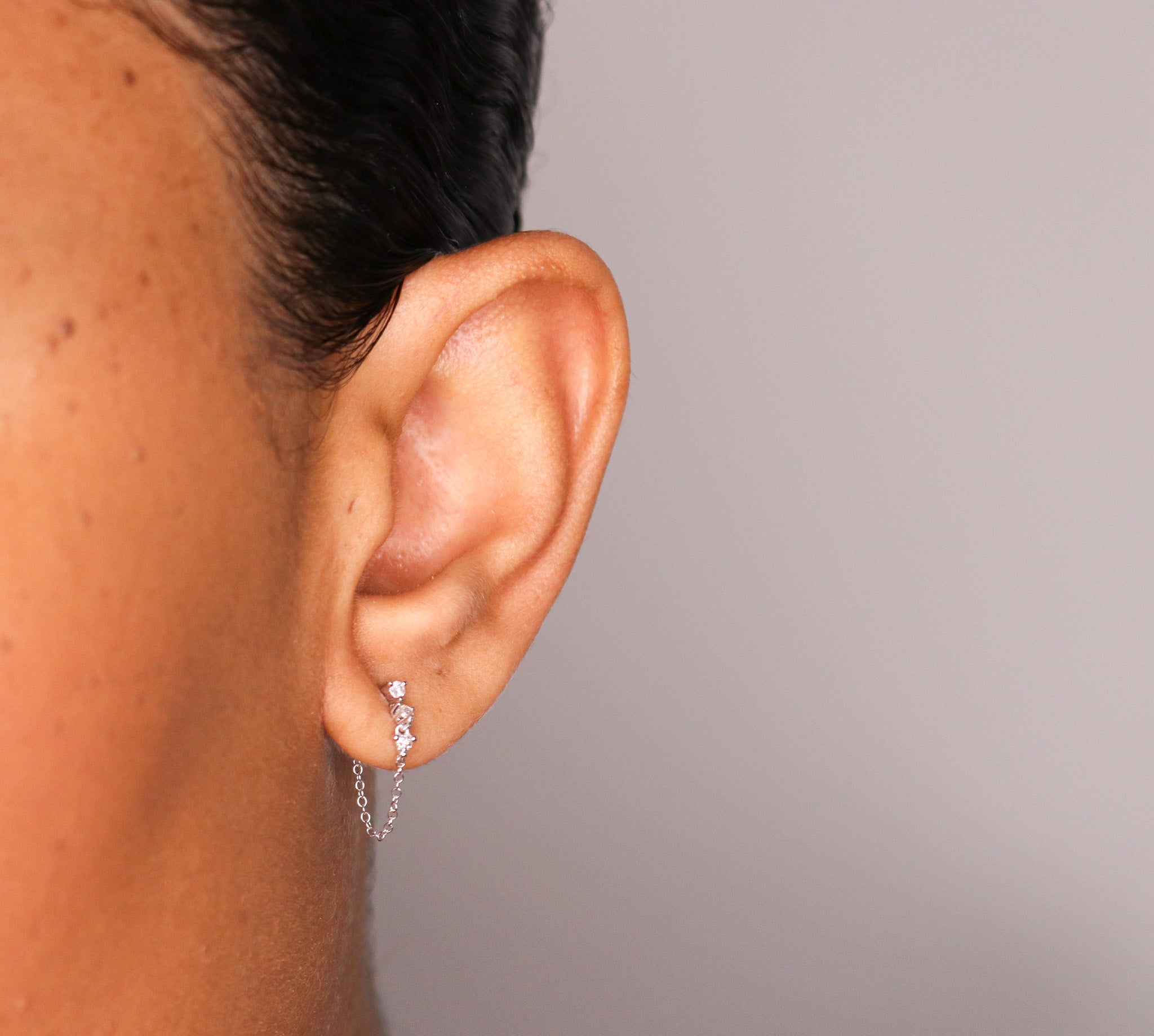 14K 3 Diamond Chain Stud Earring - White Gold - Nolita