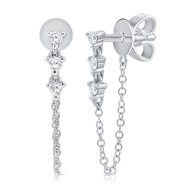 14K 3 Diamond Chain Stud Earring - White Gold - Nolita
