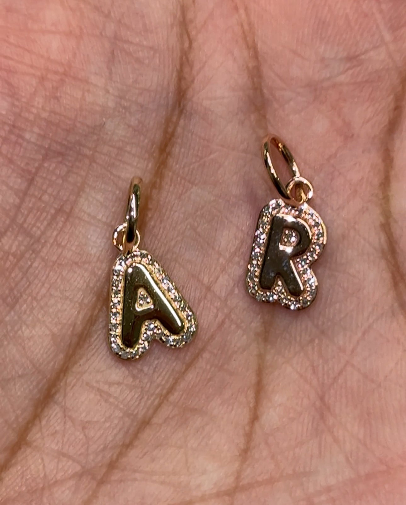 14K Diamond Bubble Initial Letter Charm - 14K Rose Gold Letter R - Nolita