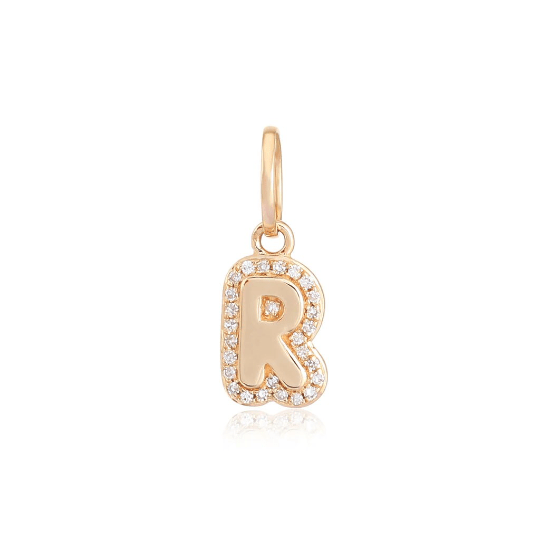 14K Diamond Bubble Initial Letter Charm - 14K Rose Gold Letter R - Nolita