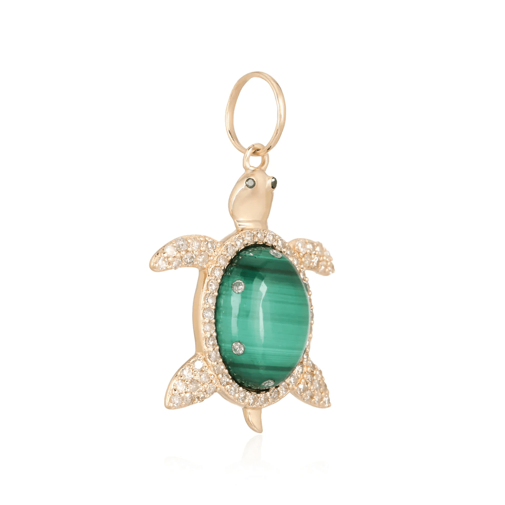 14K Diamond Outlined Malachite 3D Turtle Charm - Nolita