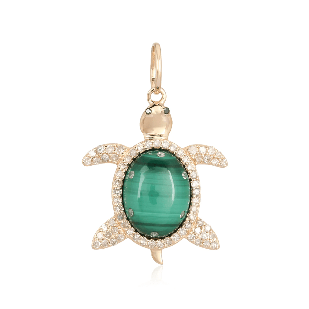 14K Diamond Outlined Malachite 3D Turtle Charm - Nolita